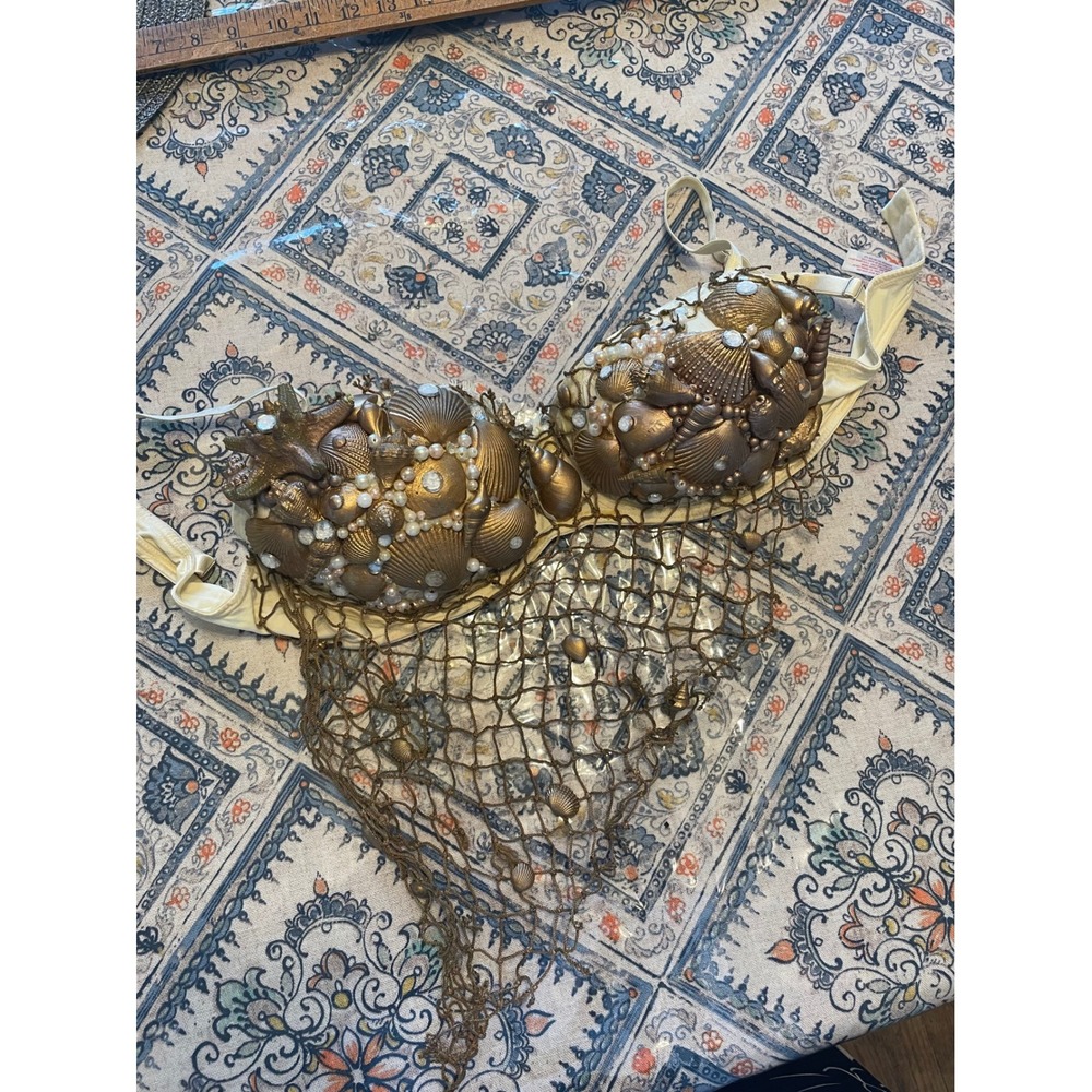 Candies Mermaid Shell Bra 36D Gold Seashell Pearl Fishnet Festival Cosplay Top